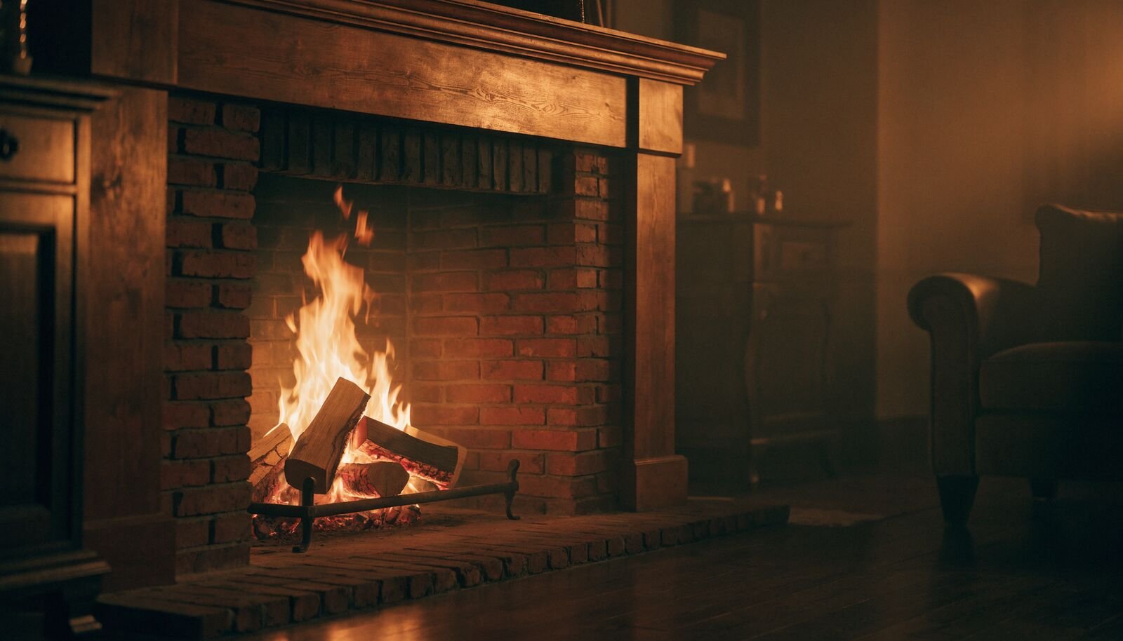A traditional wood-burning fireplace