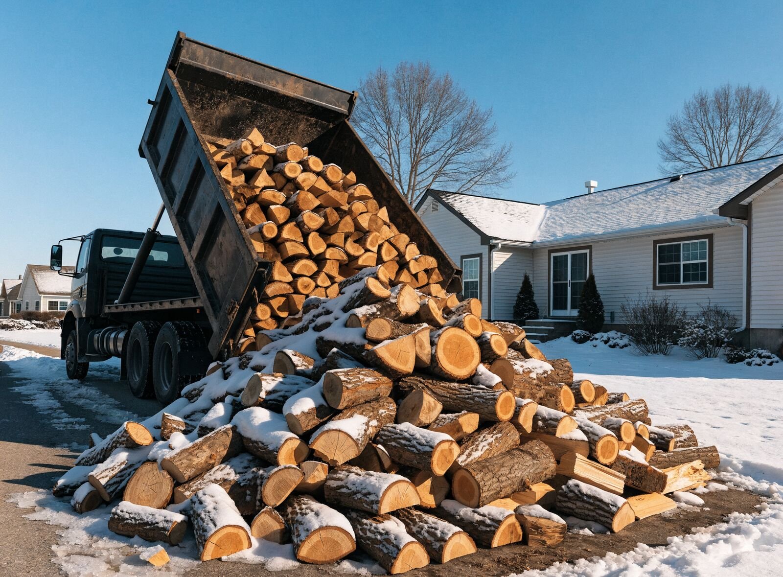 A truckload of firewood being delivered