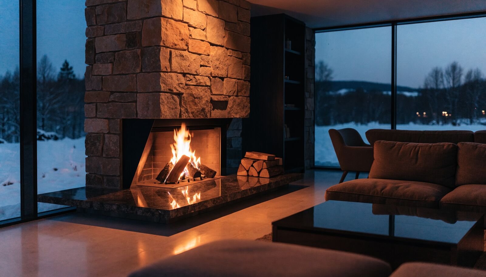 A wood-burning fireplace in a modern room